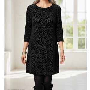 Adrienne Vittadini Black Flocked Velvet Damask Shift Dress XL Whimsigoth Party